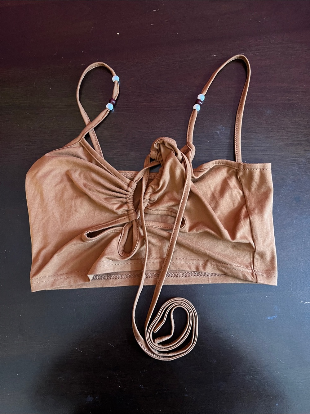 SHEIN Tan Ruched Tie-Front Crop Cami